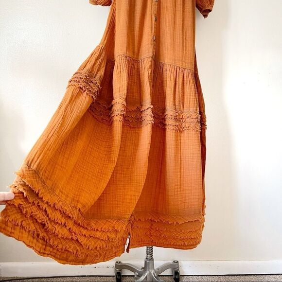 Free People Sunday Stroll Maxi Dress smocked oversized Small Burnt Clay Combo - Picture 9 of 14
